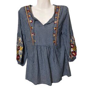 Reba Womens Blue Gingham Embroidered Top Floral Boho Lagenlook
